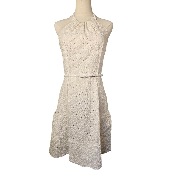 London Times Dresses & Skirts - London Times White Eyelet Halter Dress with Belt and Pockets Fully Lined Size 8